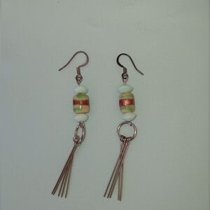 Handmade Metallic Tan & Pale Blue Beaded Silver Dangle Earrings (NWOT)